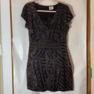 Parker navy gold beaded cocktail party dress